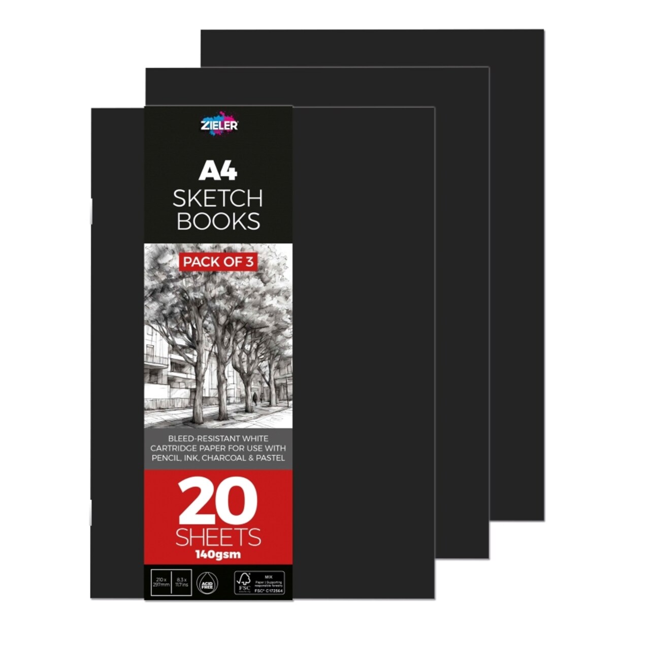 Zieler® A4 Soft Cover Sketchbook, 140gsm, 20 Sheets, Pack of 3 (8 in x 11 in)